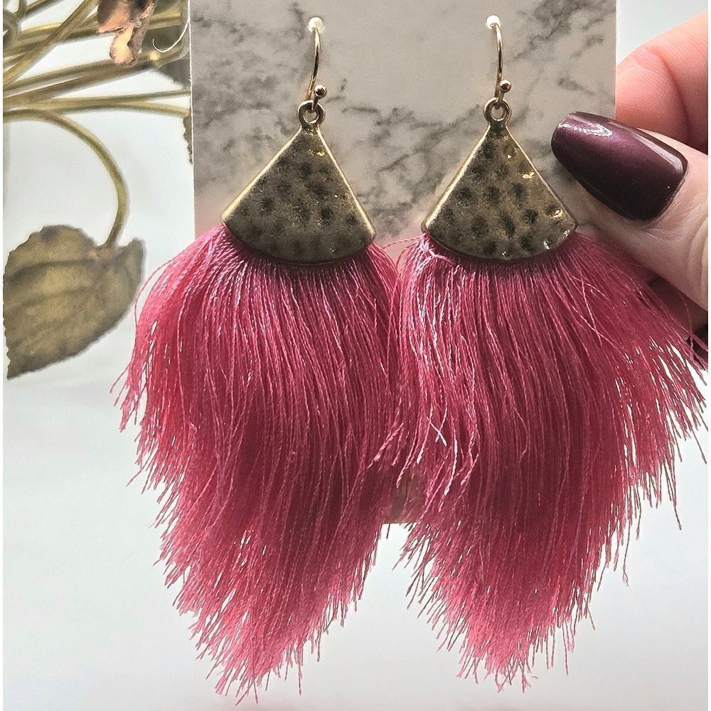 "5/$40" Hammered Brass Pink Fringe Tassel Dangle Earrings